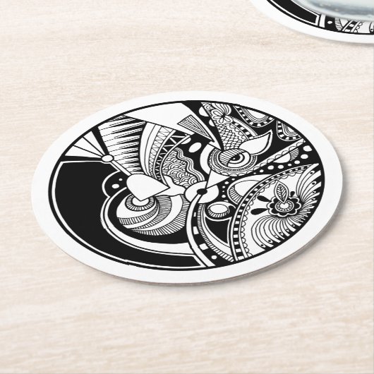 Abstracte Zendala in zwart-wit op cirkel Ronde Kartonnen Onderzetter (Gebogen)