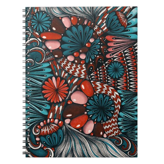 Abstracte Zentangle Turquoise en Koraalrode Spiraa Notitieboek (Voorkant)