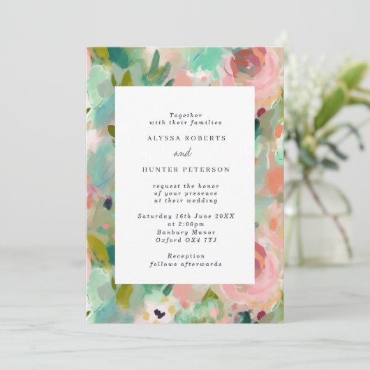 Abstracte zomerroze en groene Floral bruiloft Kaart (Staand voorkant)