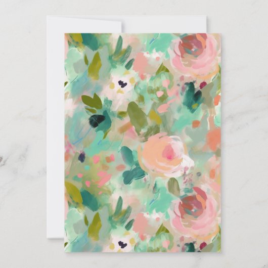 Abstracte zomerroze en groene Floral bruiloft Kaart (Achterkant)