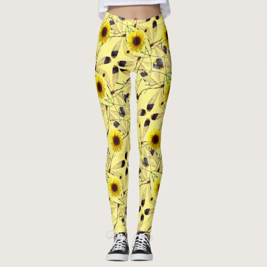 Abstracte Zonnebloem Dragenfly Leggings (Voorkant)