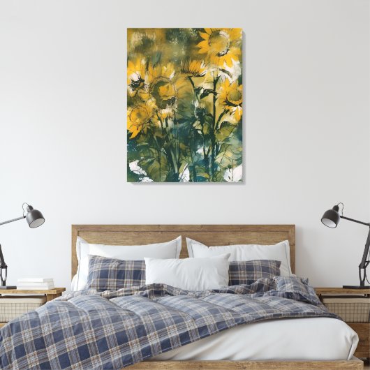 Abstracte Zonnebloemen Fine Art, Teals, Gold Canvas Afdruk (Insitu (Slaapkamer))