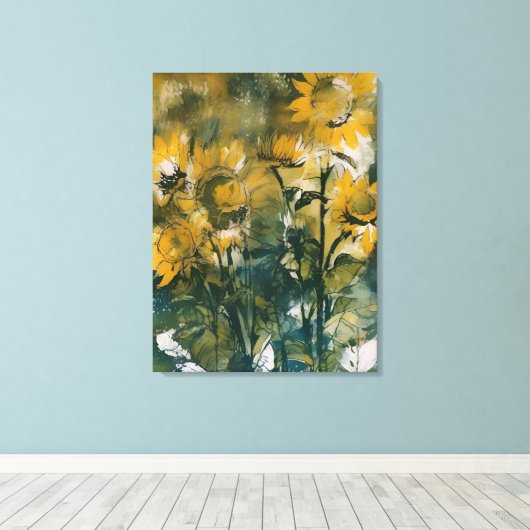 Abstracte Zonnebloemen Fine Art, Teals, Gold Canvas Afdruk (Insitu (Houten vloer))