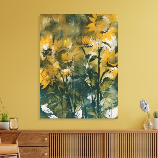 Abstracte Zonnebloemen Fine Art, Teals, Gold Canvas Afdruk (Insitu (Woonkamer))