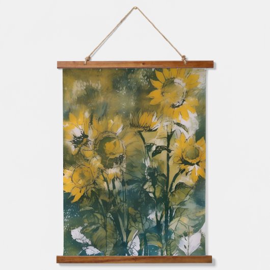 Abstracte Zonnebloemen Fine Art, Teals, Gold Hangend Wandkleed (Voorkant)