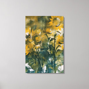 Abstracte zonnebloemkunst, rijke teals, geel canvas afdruk