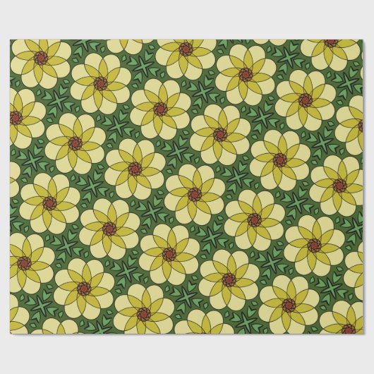 Abstracte, zonnige gele madeliefjes en groene blad cadeaupapier (Vlak)