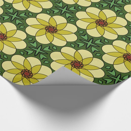 Abstracte, zonnige gele madeliefjes en groene blad cadeaupapier (Hoek)