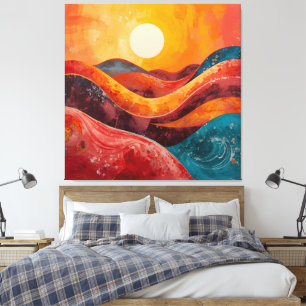 Abstracte zonsondergang – kleurrijke Wavy Horizon Canvas Afdruk