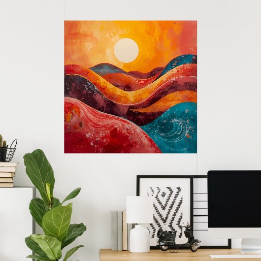 Abstracte zonsondergang – kleurrijke Wavy Horizon  Poster (Thuiskantoor)