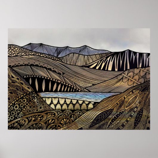 Abstracte zonsopgang landschapsbergen en riviertje poster (Voorkant)