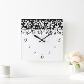Abstracte zwart-wit cartoon bloemen bloemontwerp vierkante klok (Huis)