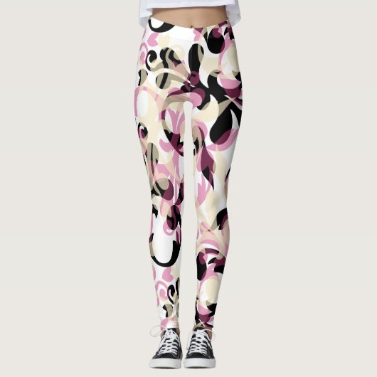 Abstracte zwart-wit roze golven leggings (Voorkant)