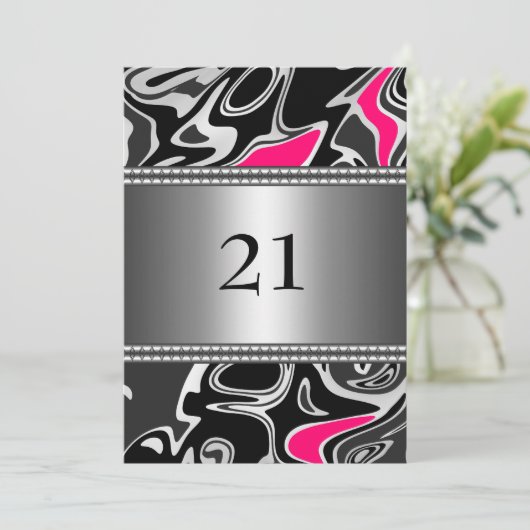 Abstracte Zwart Wit Roze Zilveren Trim 21e Birthda Kaart (Staand voorkant)