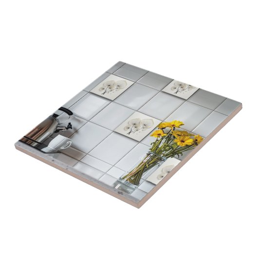 Abstracte zwart-witte bloem tegeltje (Zijkant)