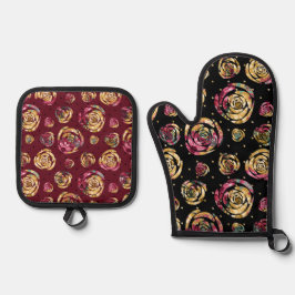 ABSTRACTE ZWARTE BORDEAUX & GELE BLOEMEN OVENWANT & PANNENLAP SET