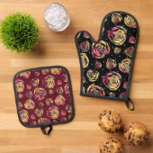 ABSTRACTE ZWARTE BORDEAUX & GELE BLOEMEN OVENWANT & PANNENLAP SET (Top down)