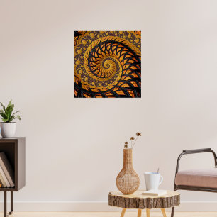 Abstracte zwarte en goudspiraalfractie poster
