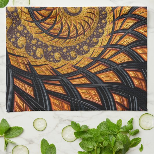 Abstracte zwarte en goudspiraalfractie theedoek (Gevouwen)