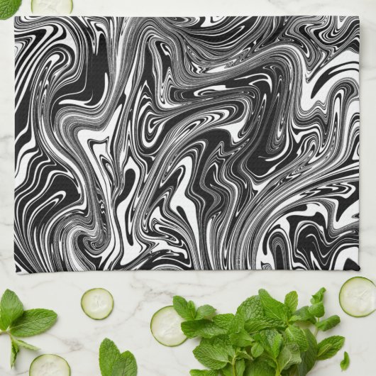 Abstracte zwarte en witte vloeibare marmer theedoek (Gevouwen)