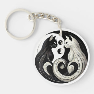 Abstracte Zwarte en Witte Yin-Yang Katten Sleutelhanger