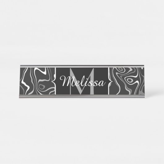 Abstracte zwarte grijze damascus zwemmen Monogram Bureau Naambordje (Voorkant)
