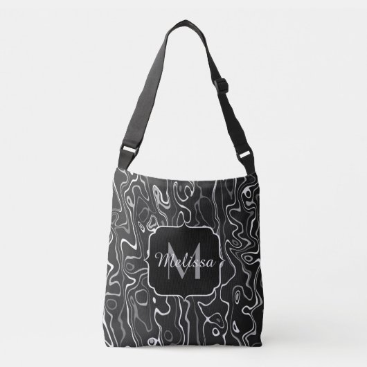 Abstracte zwarte grijze damascus zwemmen Monogram Crossbody Tas (Voorkant)