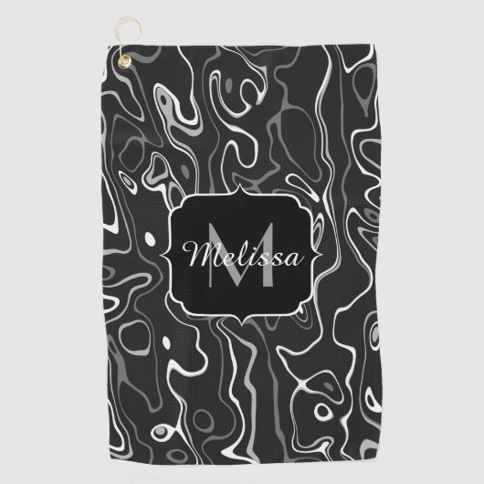 Abstracte zwarte grijze damascus zwemmen Monogram Golfhanddoek (Voorkant)