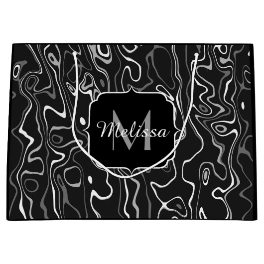 Abstracte zwarte grijze damascus zwemmen Monogram Groot Cadeauzakje (Voorkant)