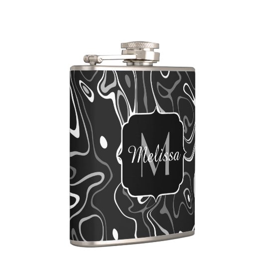 Abstracte zwarte grijze damascus zwemmen Monogram Heupfles (Rechts)