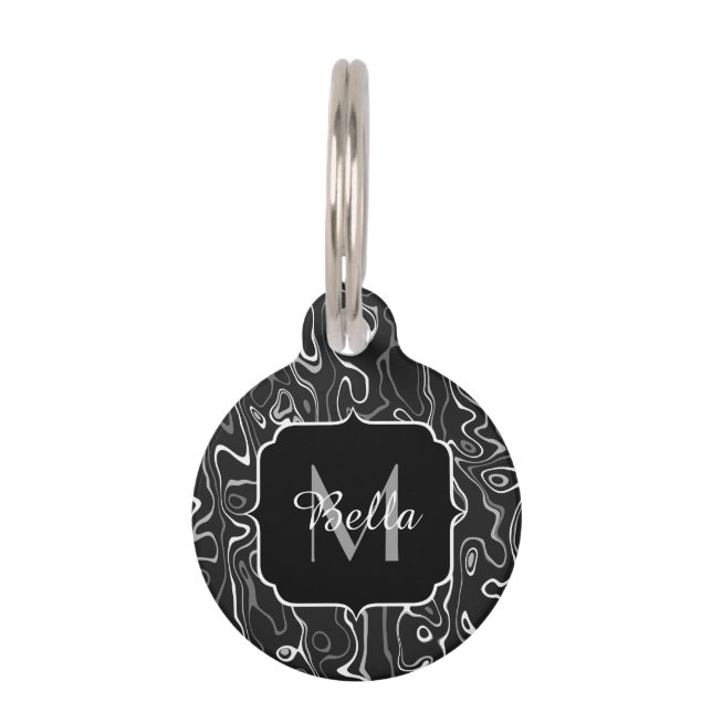 Abstracte zwarte grijze damascus zwemmen Monogram Huisdierpenning (Voorkant)