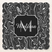 Abstracte zwarte grijze damascus zwemmen Monogram Kartonnen Onderzetters (Voorkant)