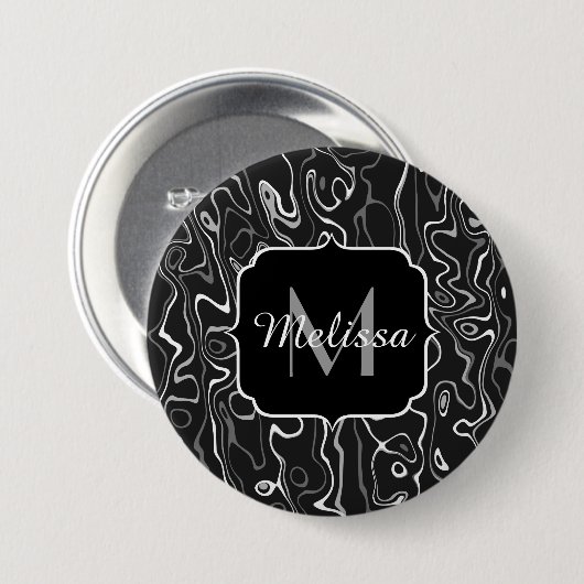 Abstracte zwarte grijze damascus zwemmen Monogram Ronde Button 7,6 Cm (Voorkant /achterkant)
