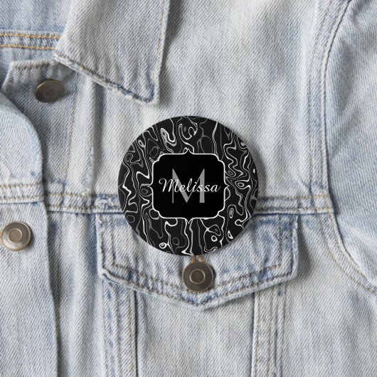 Abstracte zwarte grijze damascus zwemmen Monogram Ronde Button 7,6 Cm (In situ)