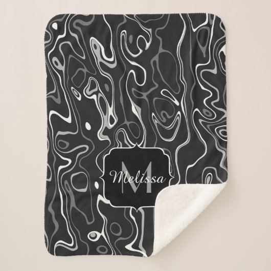 Abstracte zwarte grijze damascus zwemmen Monogram Sherpa Deken (Voorkant)