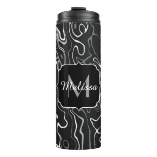 Abstracte zwarte grijze damascus zwemmen Monogram Thermosbeker