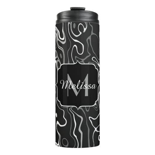 Abstracte zwarte grijze damascus zwemmen Monogram Thermosbeker (Voorkant)