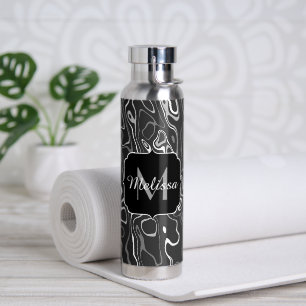Abstracte zwarte grijze damascus zwemmen Monogram Waterfles