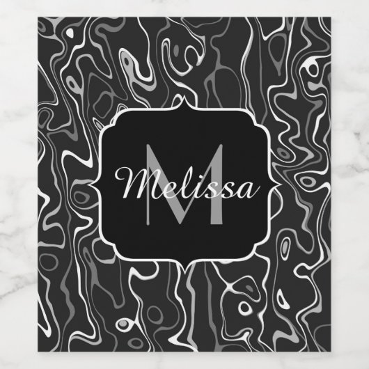 Abstracte zwarte grijze damascus zwemmen Monogram Wijn Etiket (Enkel label)