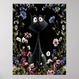 Abstracte zwarte kat kleurrijke wilde bloemen poster