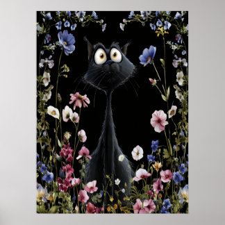 Abstracte zwarte kat kleurrijke wilde bloemen poster