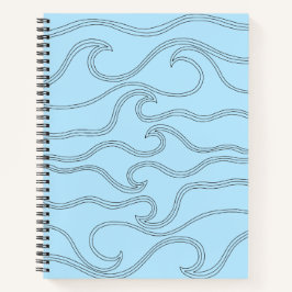 Abstracte zwarte lijnkunstgolven zee blauwe achter notitieboek