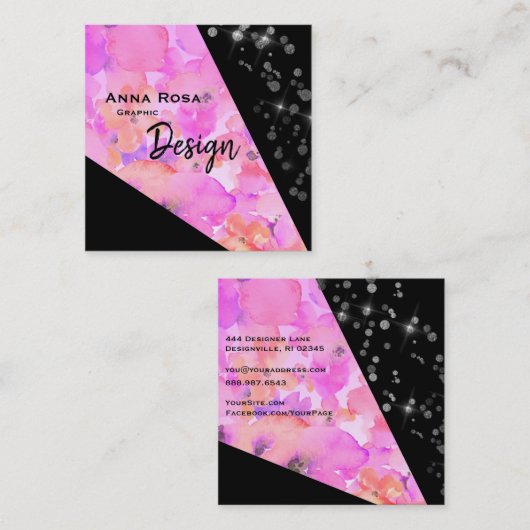 *~* Abstracte zwarte moderne geometrische flora Gl Vierkante Visitekaartje (Voorkant / Achterkant)