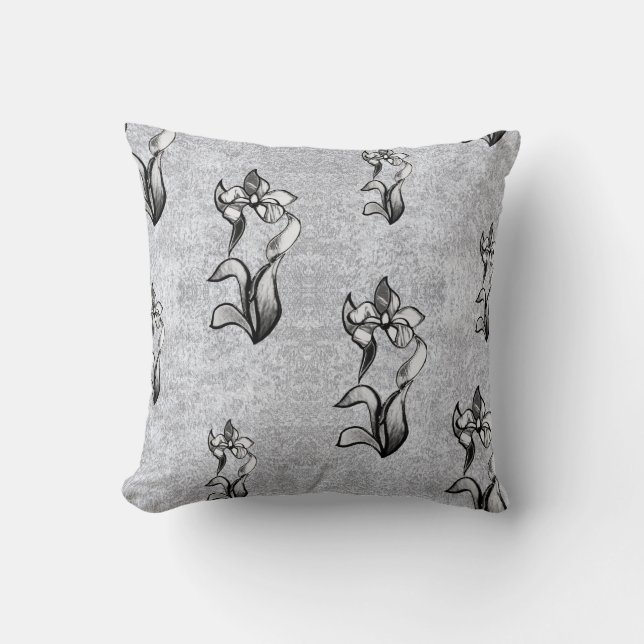 Abstracte zwarte neonbloemen op zilver kussen (Voorkant)
