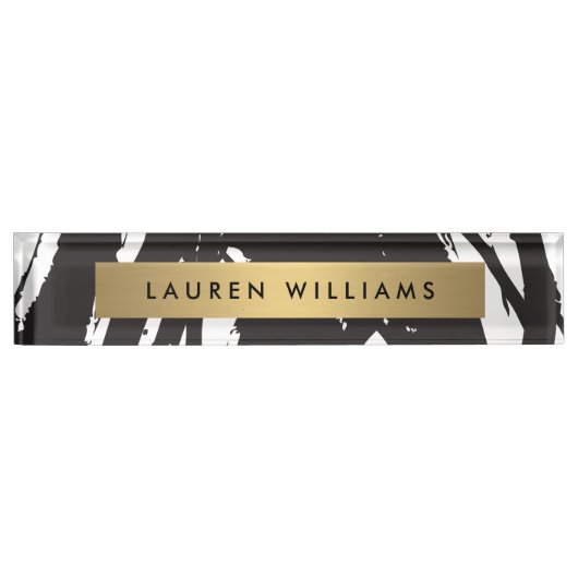 Abstracte zwarte penseelstreken bureaunaamplaat naambordje (Voorkant)