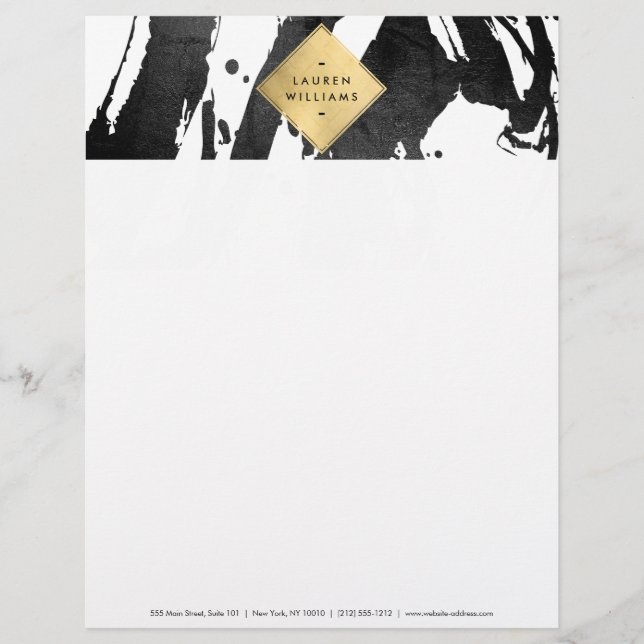 Abstracte zwarte penseelstreken Faux Gold Foil Dia Persoonlijk Briefhoofd (Voorkant)