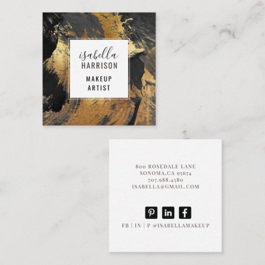 Abstracte zwarte penseelstreken Gold Makeup Artist Vierkante Visitekaartje (Voorkant / Achterkant)