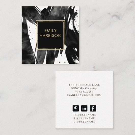 Abstracte zwarte penseelstreken gouden rand vierkante visitekaartje (Voorkant / Achterkant)