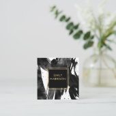Abstracte zwarte penseelstreken gouden rand vierkante visitekaartje (Staand voorkant)