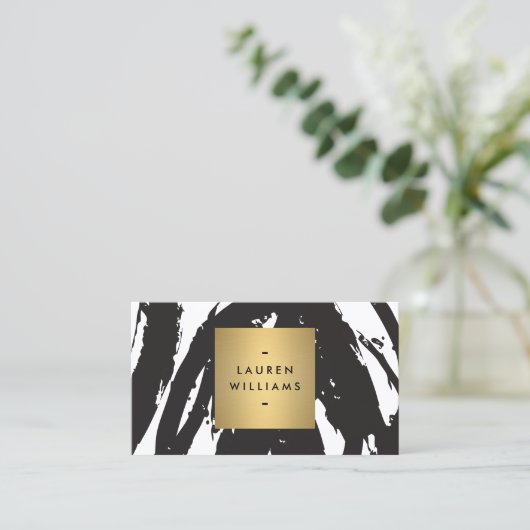 Abstracte zwarte penseelstreken met Gold Name Logo Visitekaartje (Staand voorkant)
